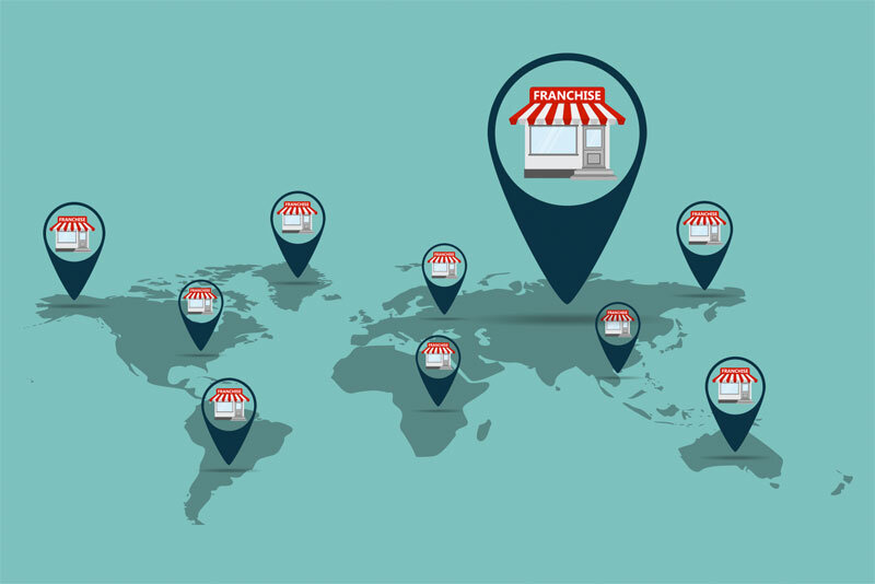 world map with franchise businesses marked